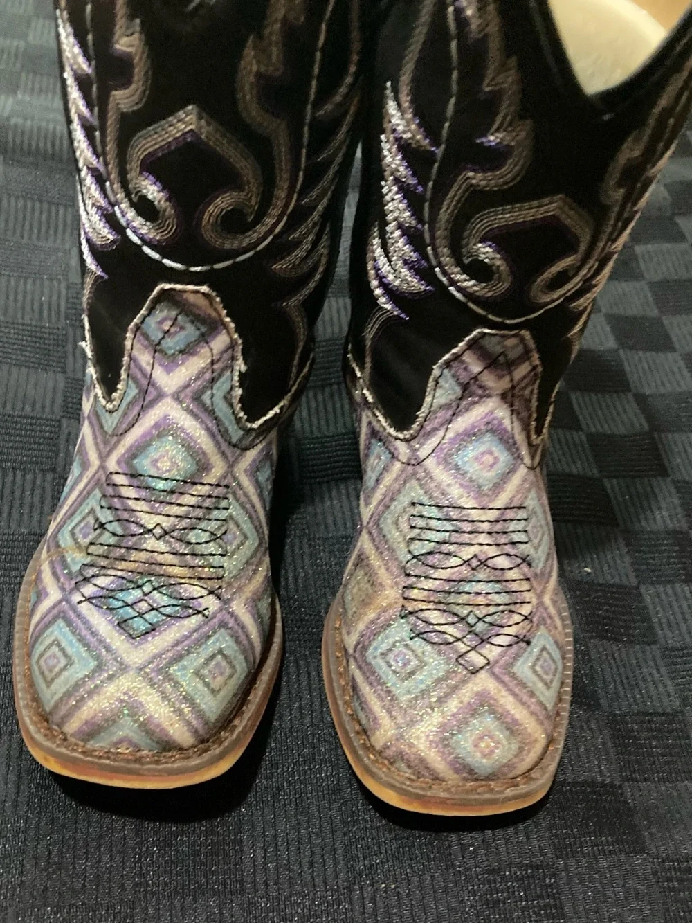 Roper Black Shaft Cowgirl Boots with Purple and Teal Geometric Toe